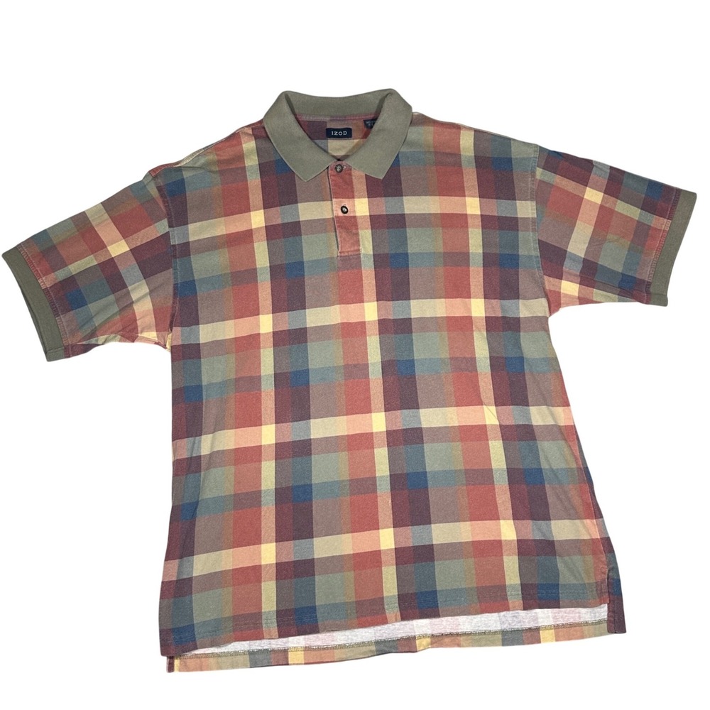 IZOD Mens XL Polo Shirt Short Sleeve Cotton Plaid Multi-Color Red Blue Green